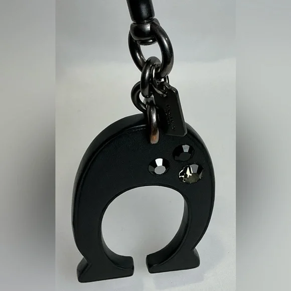 Coach Black Leather C Keychain with Rhinestone Gem Accents - Picture 7 of 9